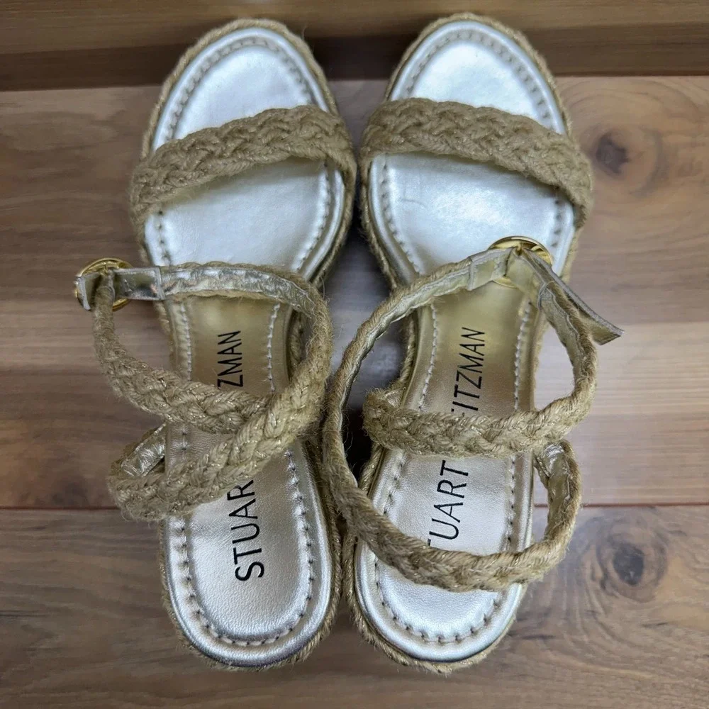 Stuart Weitzman Braida Wedge Heels 7 B Natural Jute Ankle Strap Platform - Picture 8 of 10